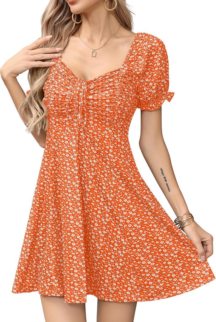 Missufe Women's Puff Short Sleeve Fit and Flare Casual Drawstring Floral Mini Sun Dresses 2025 Summer Vacation (S, Orange)