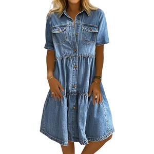 Women Summer Casual Button Down Midi Denim Shirt Dress Cute Distressed Tiered Ruffle Jean Dress S
