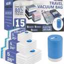 Cozy Essential Travel Vacuum Storage Bags with Rechargeable Cordless Electric Pump, Space Saver Bags for Luggage, Suitcase, Carry-On, for Clothes, Blankets, Comforters, Pillows, 15 Combo