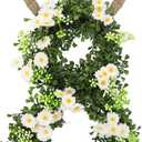 20 Inch Easter Bunny Wreaths, Rattan Easter Bunny Door Wreath Bunny Shaped Spring Wreath with Greenery White Daisies for Front Door Wall Window Decor (Daisy Flowers)