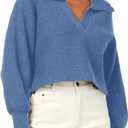 CHYRII Women Overized Puff Long Sleeve V Neck Knitted Polo Pullover Sweater Jumper Tops (M)