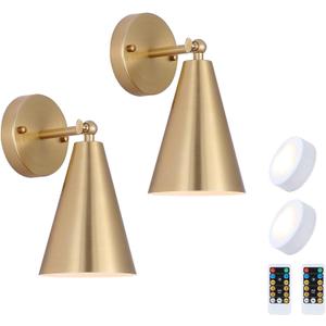 MWZ Gold Battery Operated Wall Sconces Set of Two,Wireless Indoor Lighting with Remote Control, Modern Dimmable 2 Color Temperatures Adjustable Angle Wall Mount Lamp with Brass Metal Shade