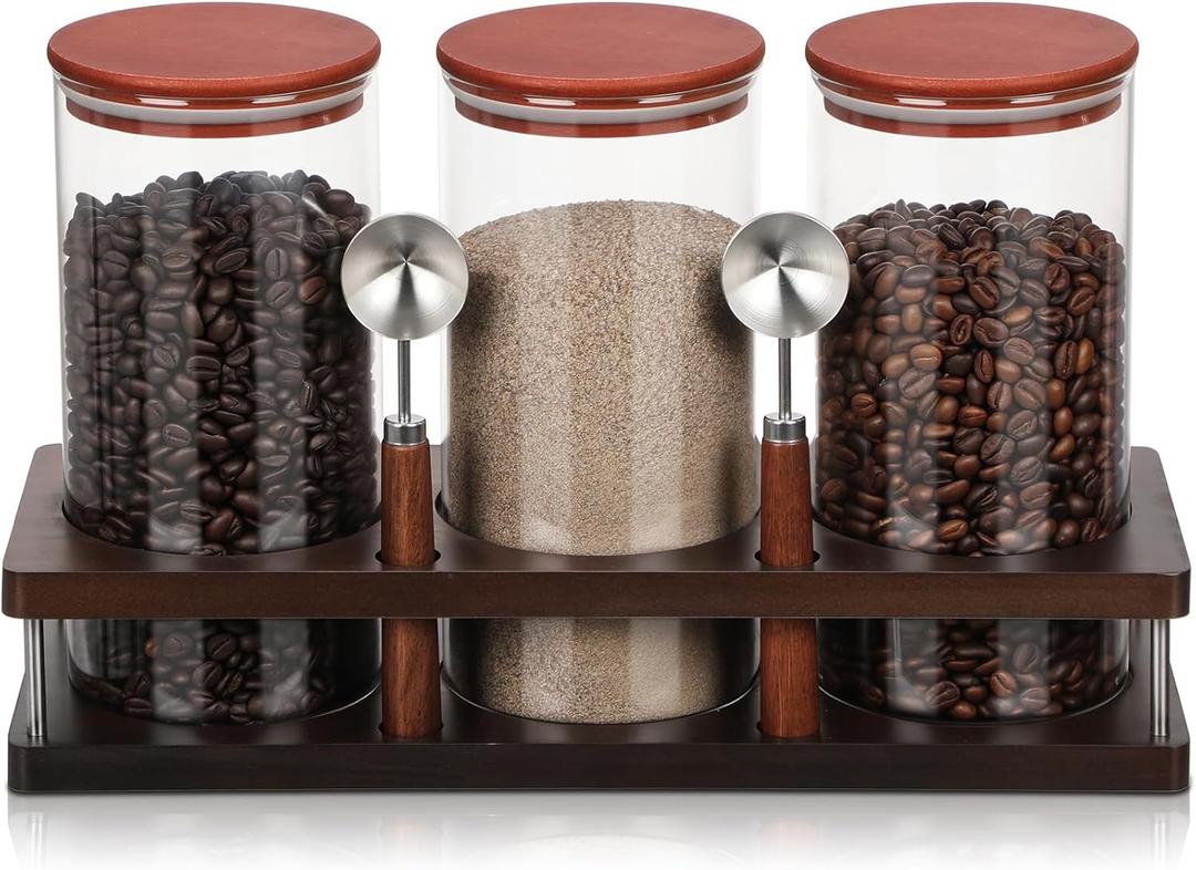 Suclain 3 Pcs Glass Coffee Bean Container 44 oz Airtight Coffee Canister with Shelf and Measuring Spoon Kitchen Food Canister Jar for Sugar Candy (Classic Style, Wood, Glass, Stainless Steel)