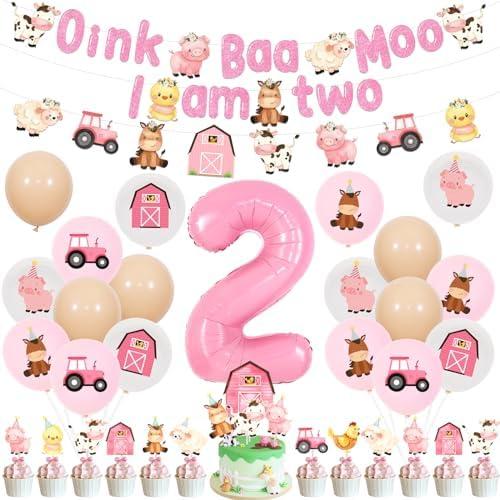 Fangleland Pink Farm 2nd Birthday Decorations for Girls - Oink Baa Moo I’m Two Farm Animal Theme Birthday Party Supplies with Banner Garland Balloons Cake Toppers Cupcake Toppers