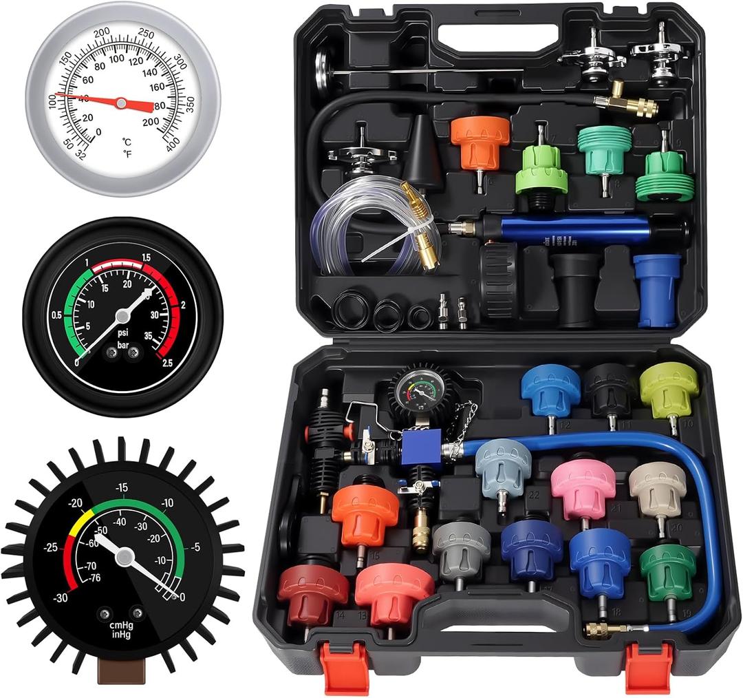VTG VOGTEN 31PCS Coolant Pressure Tester Kit,Radiator Pressure Tester and Vacuum Refill Kit for Automotive Cooling System Water Tank Leakage Detection (Black)