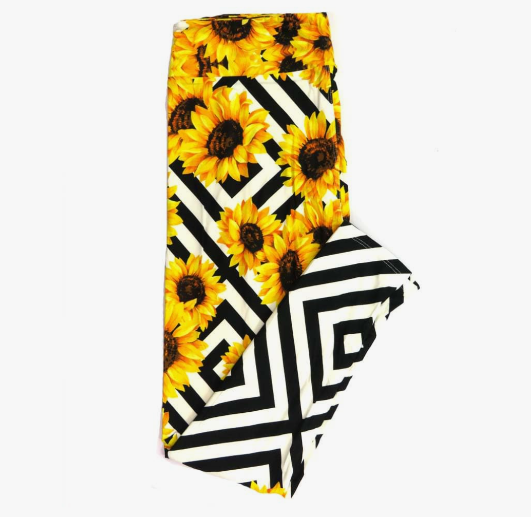 Lularoe Tall Curvy (TC fits Sizes 12-18) Sunflowers Diamond Geometric Yellow Black White Buttery Soft Adult Leggings, Pack Of 2