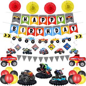 Skylety Monster Truck Birthday Party Supplies Truck Birthday Banner Triangle Bunting Hanging Swirls Multicolor Balloons Honeycomb Table Centerpieces Paper Fans
