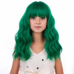 Kids Wig Green Wig for Kids Green Child Wig with Bangs Short Wavy Green Wig for Girls Shoulder Length Wig Heat Resistant Synthetic Wig with Wig Cap