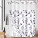 No Hook Purple Watercolor Leaves Flower Shower Curtain with Snap in Fabric Liner, Floral Double Layers Waterproof Fabric with See Through Top Window Open Grommet Bath Curtain 71x74 Inch