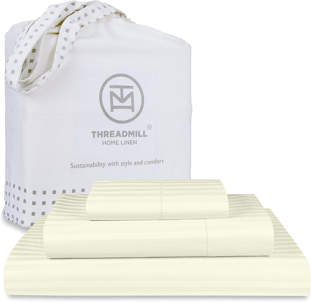 Threadmill 100% Cotton Sheets for Twin Size Bed - 600 Thread Count Twin Bed Sheets Set with 15” Deep Pocket - Damask Stripe Sateen Weave 3-Piece Bedding Set with Cooling Effect, Ivory