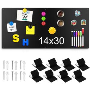 14" x 30" Magnetic Board, Black Magnet Bulletin Board to Display Magnetic Letters, Metal Board for Wall, Refrigerator Photo, with Dual Lock Tape and Screws, Marker Pen