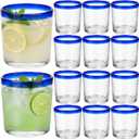 12 Pack Mexican Style Drinking Glasses Tumbler Glasses with Cobalt Blue Rims Mexican Theme Clear Drinking Glassware (14 oz)