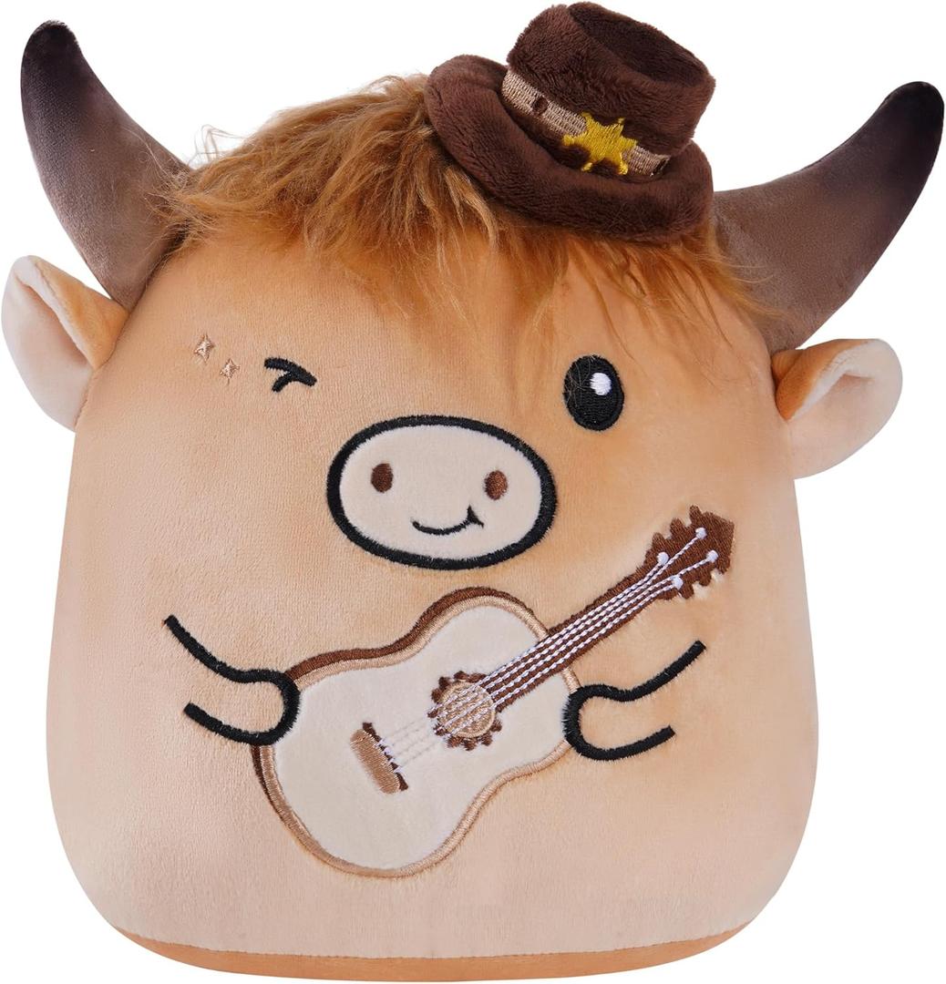 Highland Cow Stuffed Animal, 8 Inch Cute Country Cow Plush Toy with Guitar and Cowboy Hat, Soft Kawaii Plushie Pillow Gifts for Kids Boys Girls, Farm Animal Decor for Christmas Birthday Holiday