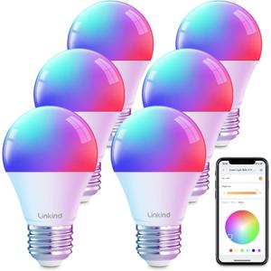 Linkind Smart Light Bulbs, Smart Bulb That Work with Alexa & Google Home, LED Light Color Changing, A19 E26 WiFi Light Bulb Dimmable, RGBTW Alexa Bulb No Hub Needed 800 Lumen, 2.4Ghz WiFi, 6 Pack