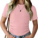 Girls Short Sleeve Ribbed Knit Shirts | Ruched Top, Slim Fit, Casual Crewneck, Basic Tee, Summer, Back to School