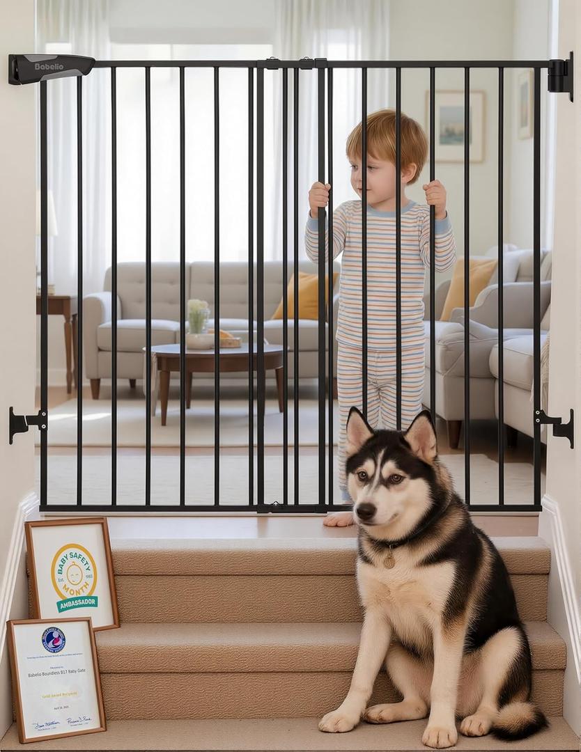 Babelio Baby Gate for Stairs & Doorways, 26-43" W 34" H Extra Tall| No Bottom Bar| Easy Installation| One-handed Operation| Auto-close| Hardware Mount (Drill Needed) Safety Dog/Pet Gate Indoor (Black)