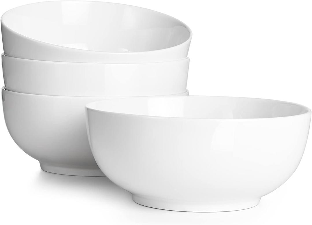 DOWAN 39 OZ Soup Bowls Set of 4 - Large Cereal Bowls, White Ceramic Big and Deep Ramen Bowls for Noodle, Pasta, Salad, Mixed Fruit - Dishwasher & Microwave Safe