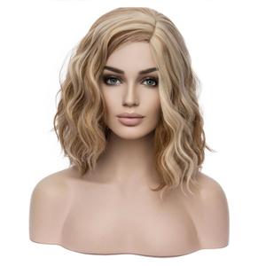 BERON Blonde Brown 14'' Wigs for Women Girls Short Curly Wavy Wig 35 cm Side Part Shoulder Length Hair Funny 14" Highlights Color Wig Heat Resistant Synthetic Cosplay Daily Party Wigs