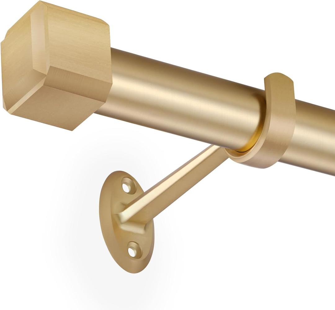 Single Curtain Rods,with Square Cylindrical Aluminum Alloy Finials,1 Inch Heavy Duty Drapery Rods Adjustable Length 72-144"(6-12ft),Gold