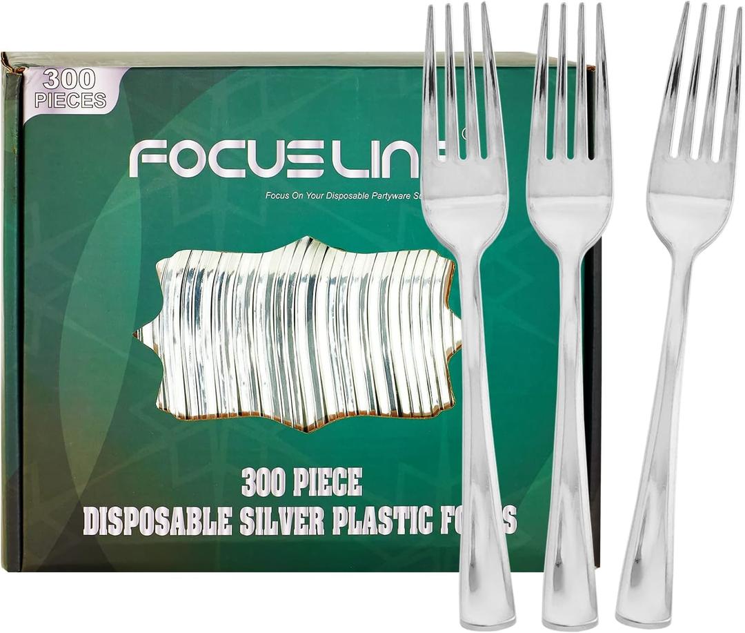 FOCUSLINE 300 Pack Disposable Silver Plastic Forks, Solid and Durable Plastic Cutlery Forks, Heavy Duty Disposable Utensil Silverware for Catering, Parties, Dinners, Weddings