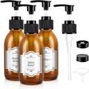 4 oz Amber Glass Pump Bottle, 125ml Small Lotion Dispenser Bottle for Body Massage Oil, Refillable Empty Hand and Dish Soap Dispensers Set with Storage Caps, Labels - 3 Pack