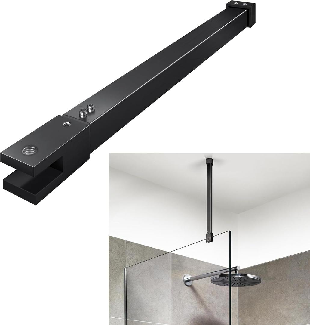 Shower Door Rod, 18 1/5"(462mm)-31 7/10"(805mm) Length Stainless Steel Ceiling-to-Glass Support Bar, for 5/16"(8mm) to 3/8"(10mm) Thick Frameless Glass Door, Matte Black Bracket