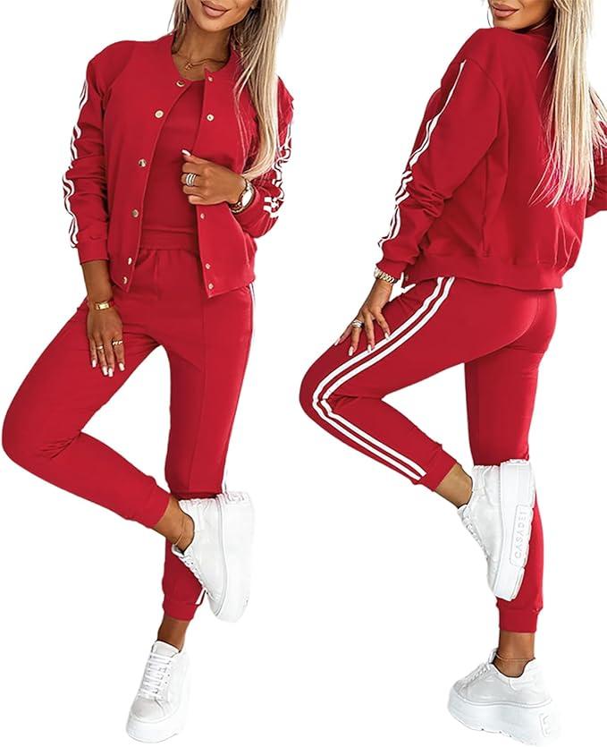 CHICME Women's Three Piece Outfits Striped Tape Patch Tank Tops Bomber Jacket with Sporty Pants Tracksuit Lounge Sets