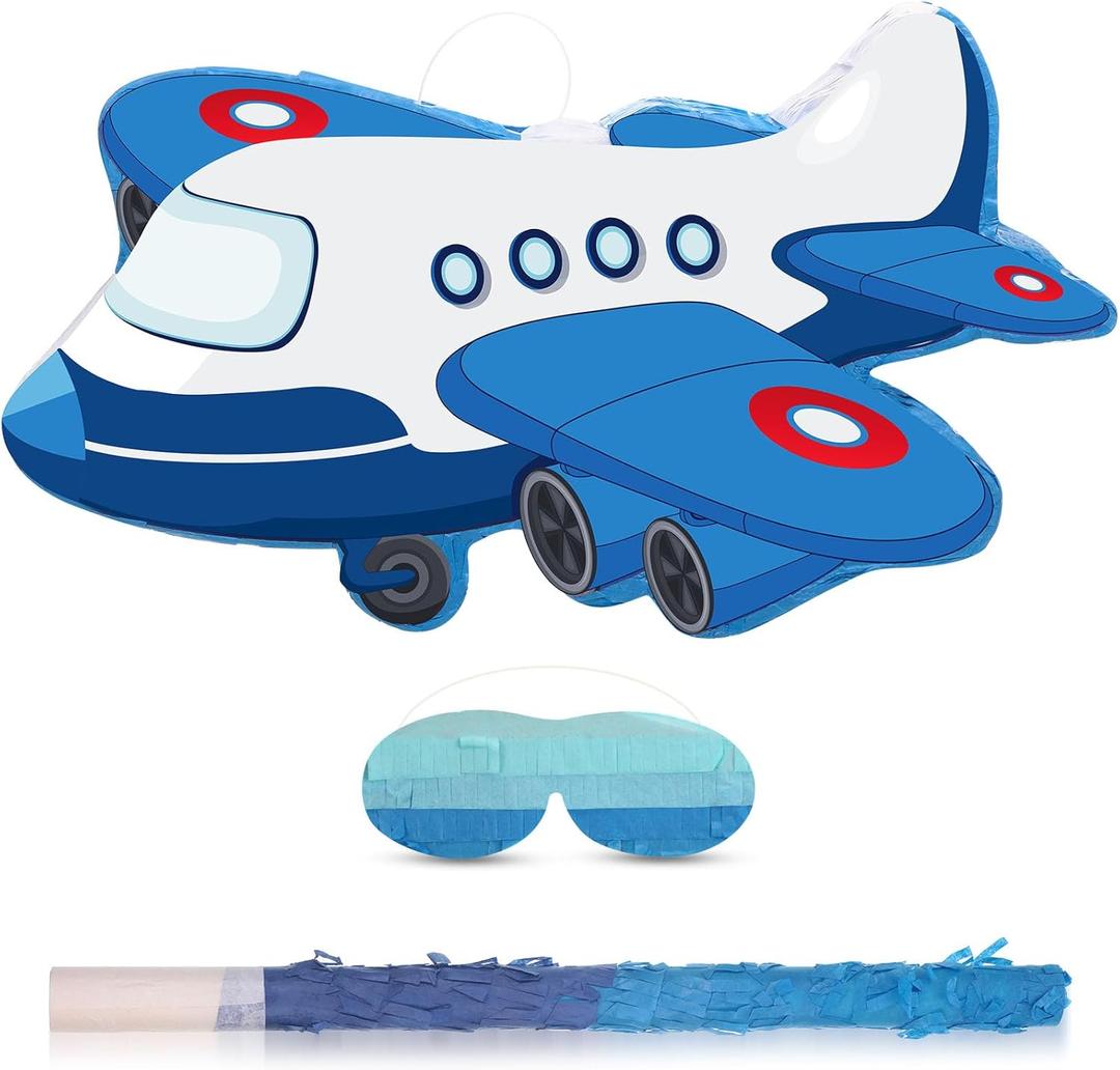 Airplane Piata 16.1 x 10.31 Inch Red Blue White Patriotic Piata with Stick Blindfold Confetti Birthday Party Veterans 4th of July Events Airplane Travel Theme Party Supplies