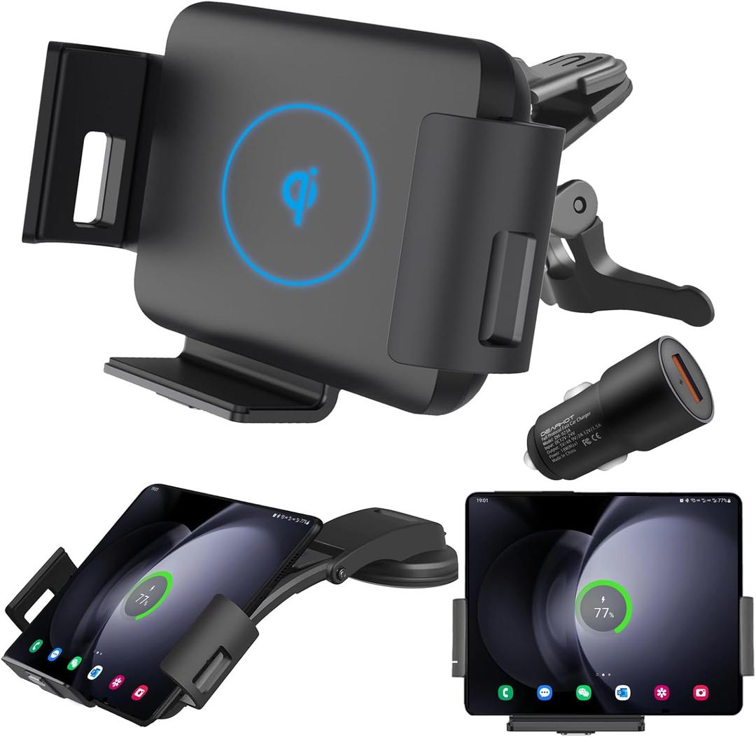 15W Qi Wireless Car Charger Mount Holder Compatible for Samsung Galaxy Z Fold7 Fold6 Fold5 Fold4 Fold3 Fold2 Fold 4.3in-6.9in Phone Auto Clamp Fast Charger