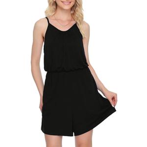 Women's Summer Sleeveless Shoulder Strap Adjustable Short Jumpsuits Loose Romper with Pockets (Black, M)