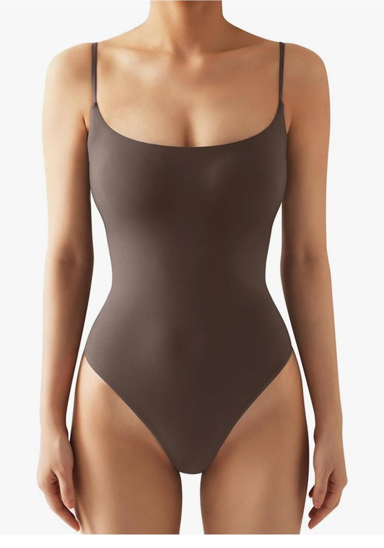 SUUKSESS Women Sexy Square Neck Thong Bodysuit Backless Cami Bodysuit Top Small, Brown