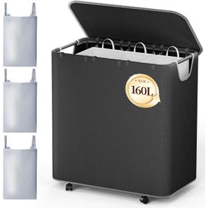 LAMU 160L Laundry Hamper with Wheels, Black Rolling Laundry Basket with Lid and 3 Removable Laundry Bag, Large Capacity 3 Section Dirty Clothes Hampers for Laundry Room, Bedroom, Bathroom, Dorm