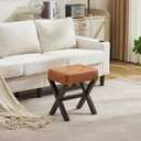 Square Makeup Stool with Rivets Wood X-Legs,Modern Vanity Ottoman Chair,Padded Faux Leather Seat for Dressing Room,Bathroom (Brown Faux Leather)