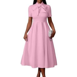 Memoriesea Women's Elegant Casual Short Sleeve Work Party A-Line Dress with Pockets M