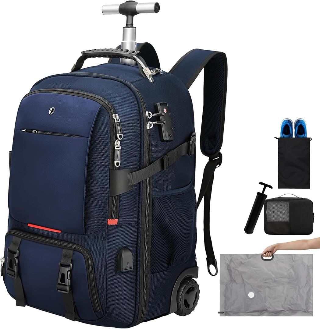Backpack with wheels,rolling backpack with 2 Packing Cubes and compression bags,Laptop Compartment,Water Resistant Luggage suitcase,Air Travel,Weekend Trips (Blue), Large