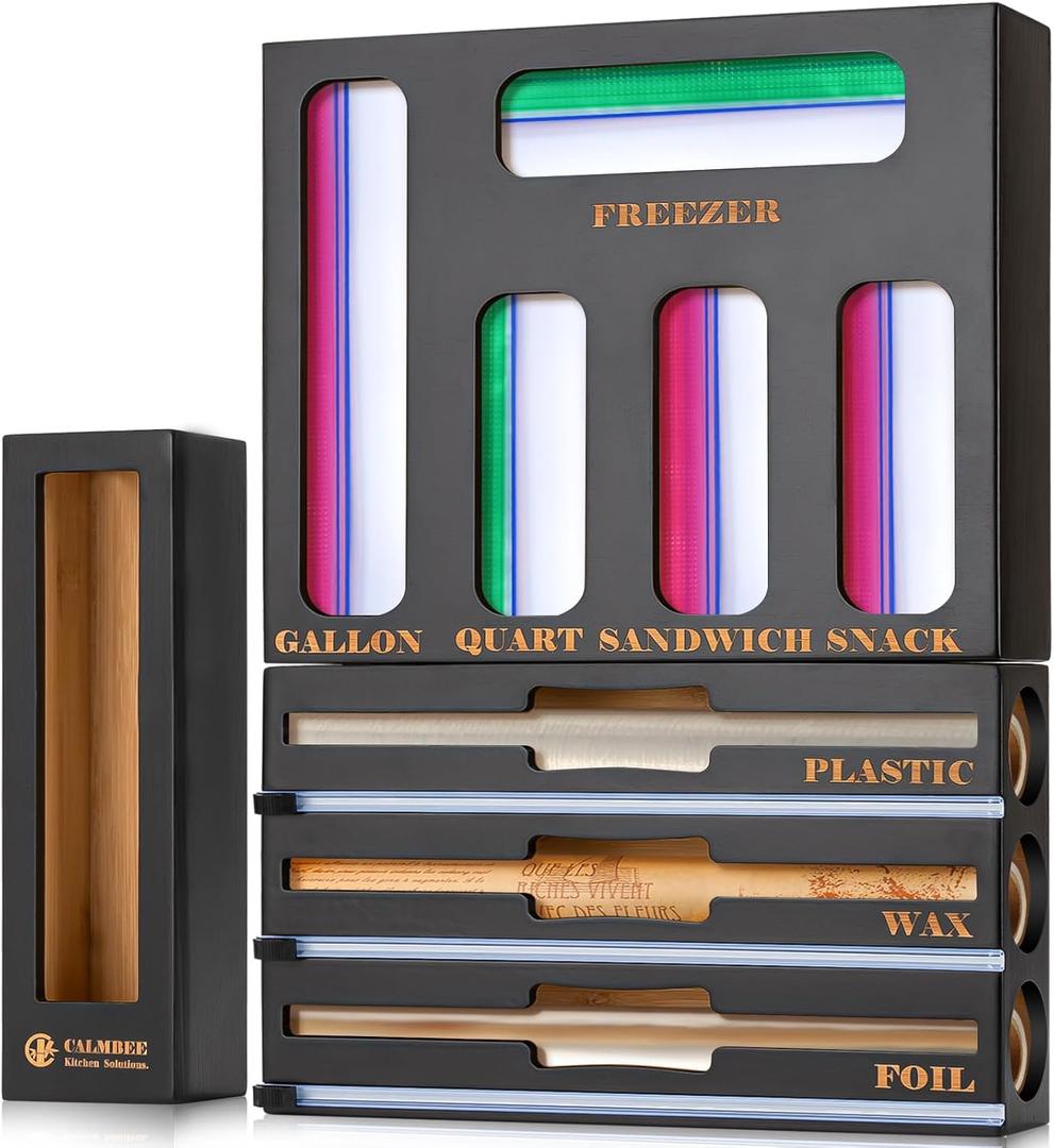 Calmbee 9-in-1 Bamboo Kitchen Organizer - Black & Multicolor Modern Minimalist Caddy with 3-in-1 Wrap Dispenser, Cutter & Bag Organizer (Black)