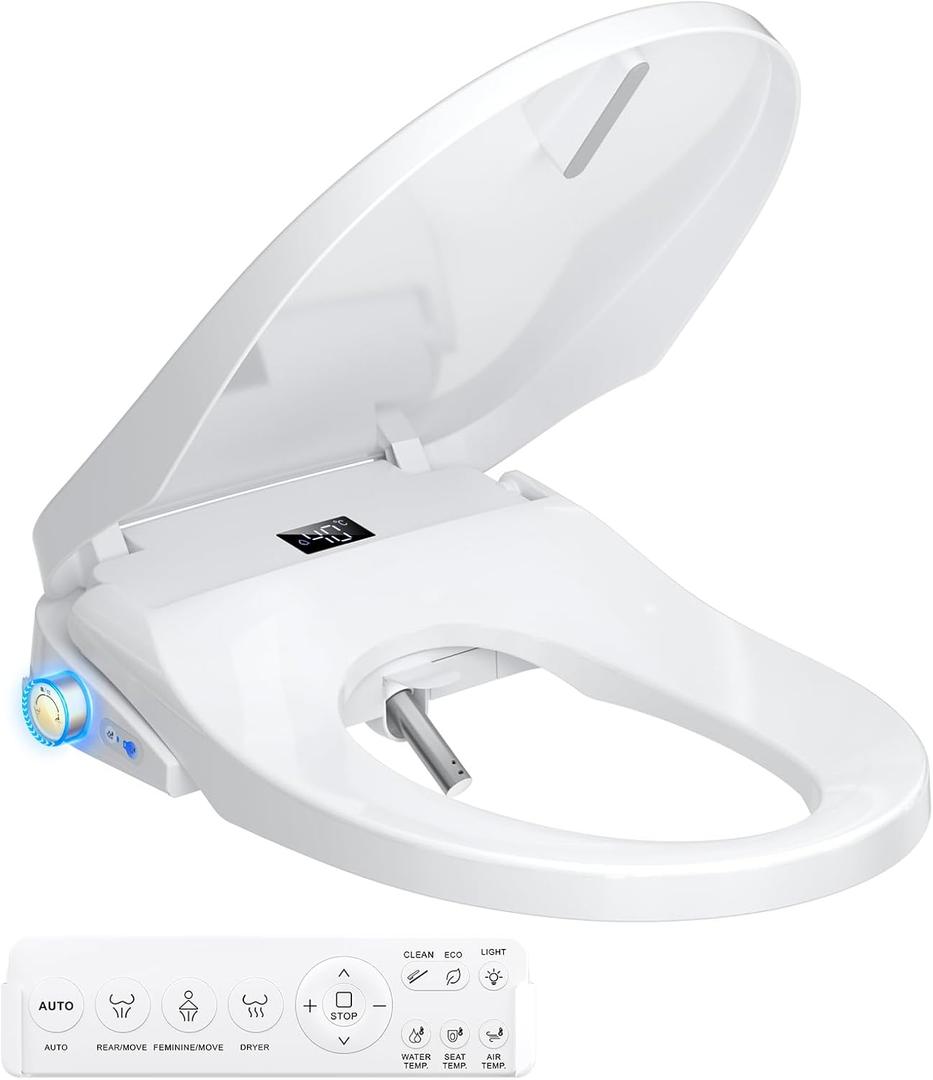 Bidet Toilet Seat, Electric Smart Heated Toilet Seat, Feminine & Front Rear Wash, Instant Warm Water & Dryer, Self-Clean Nozzle, Soft Closed Toilet Lid, Wireless Remote Night Light Elongated (White)