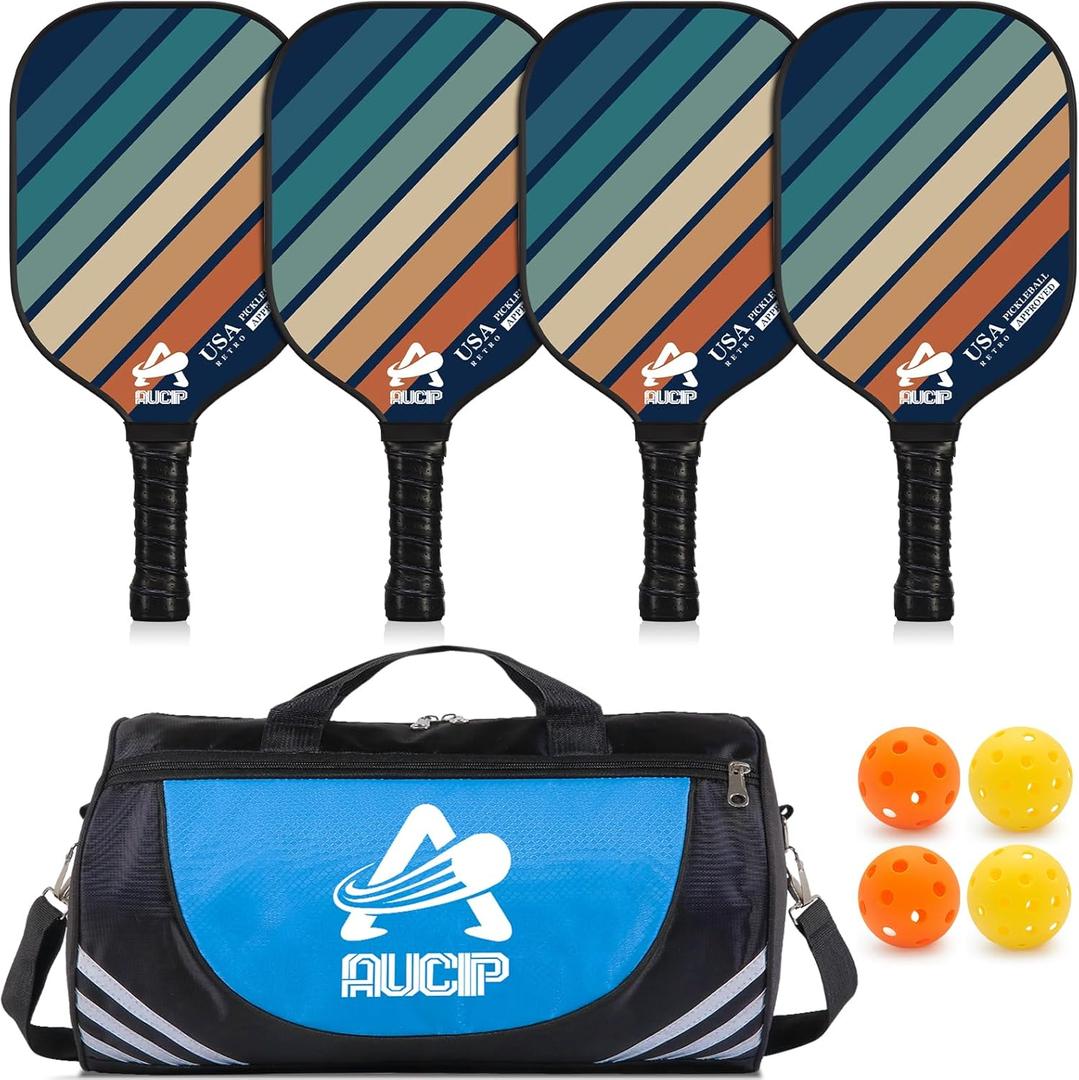 USAPA Approved Pickleball Paddle Set, Lightweight Fiberglass Surface Paddles Set of 2/ Wood Pickleball Paddle Set of 4 with Ergonomic Handle, Pickleball Racket with 4 Balls, 1 Bag & Accessories…