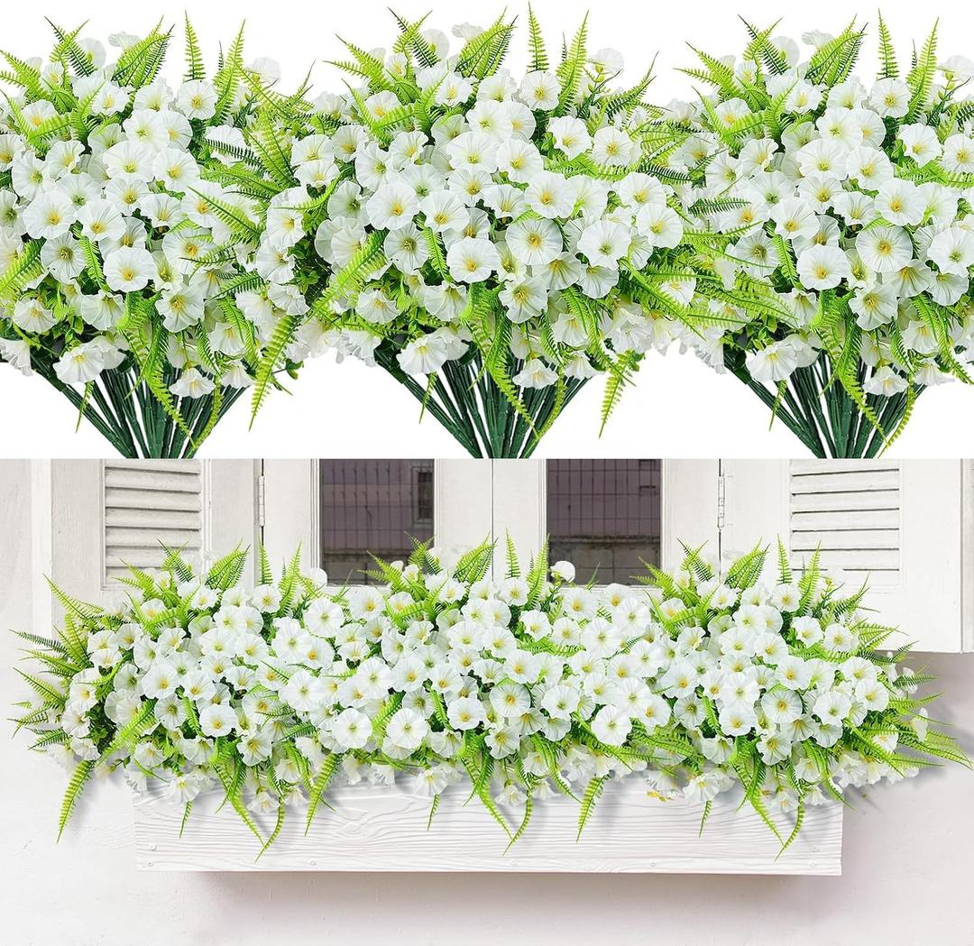 Artificial Flowers for Outdoors 12 Bundles White Artificial Petunias Fake Flowers UV Resistant Shrubs Plants with Fern for Indoor Outside Hanging Planters Home Garden Spring Summer Decorations