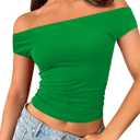 Trendy Queen Off The Shoulder Tops for Women Going Out Y2K Summer Cute Shirts Sexy 2026 Double Lined Date Club Outfits (Green, S)