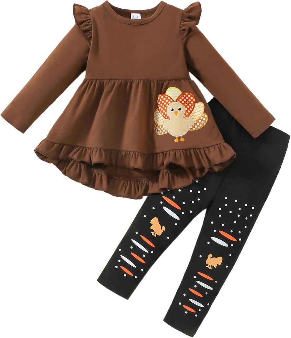 Little Girl Thanksgiving Outfit Turkey Shirt Dress Top+ Tights Pants 3-8 Years (6-7 Years)