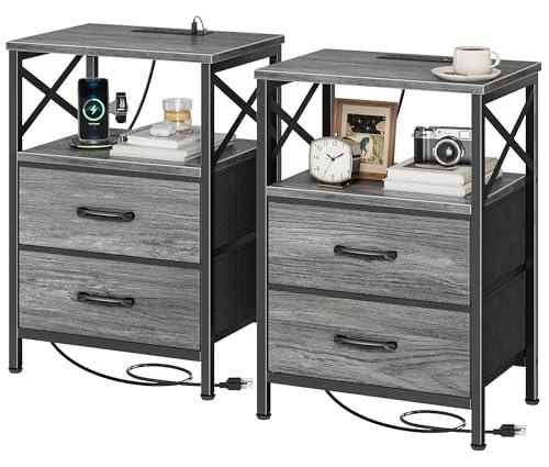 Huuger Nightstands Set of 2, Night Stand with Charger Station, 2 Drawer Side Table with Open Shelf, USB-C Port, End Table for Small Spaces, X Shaped Side Rail, Grey