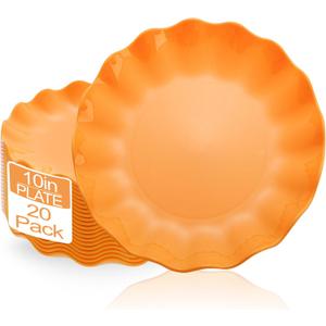 LIYH 20 Pcs 10 Inch Orange Plastic Scalloped Plates Reusable - Unbreakable Dinner Plates-Dishwasher Safe, Perfect for Halloween & Thanksgiving Party BPA Free