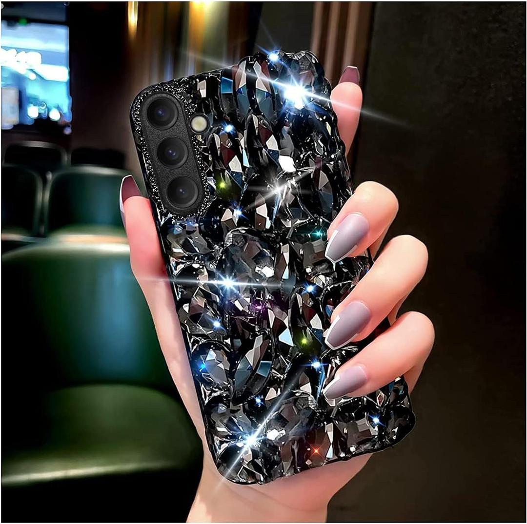 Cavdycidy for Samsung Galaxy S24 Plus Case for Women GirlShiny Luxury Bling Phone Case with 3D Glitter Sparkle Crystal Rhinestone Diamond GemsGloss Acrylic Back and Soft TPU Bumper CoverBlack
