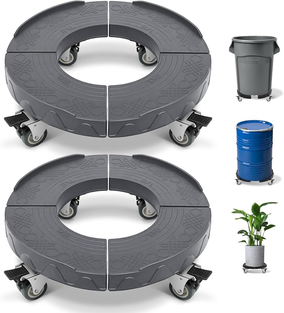 Nefish Trash Can Dolly Wheels, 15-19 Inch Adjustable Round Furniture Dolly with 4 Wheels, Heavy Duty Drum Dollies 440lbs Keg Dollys, Multi Functional Rolling Dolly Cart, 2 Pack (Gray)