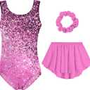 Idgreatim Girls Gymnastic Leotard Ballet Dance Dress Outfit with Removable Skirt Hair Scrunchie Combo 4-11 Years (7-8 Years, Diamond Pink)