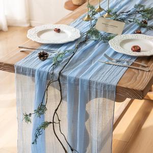 Keketoarrange 6pcs Light Blue Gauze Rustic Cheesecloth Table Runner 120 Inch 10 FT for Wedding Baby Shower Bridal Shower Birthday Engagement Garden Outdoor Party Long Sheer Boho Decorations