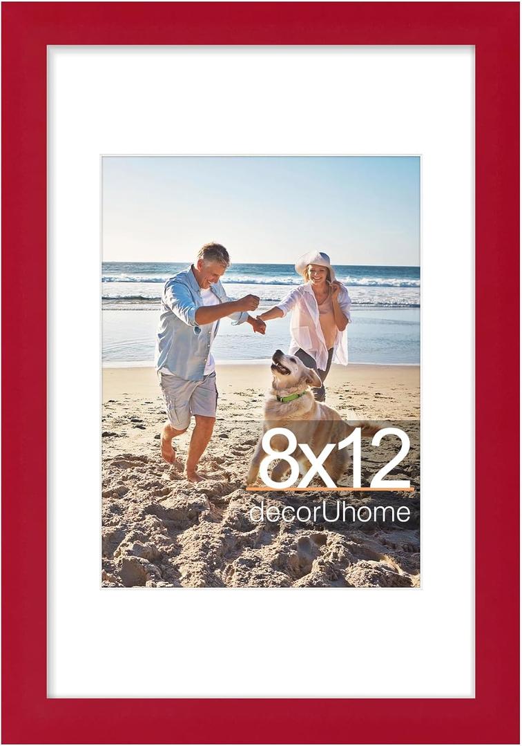 decorUhome 8x12 Picture Frame, Display Pictures 6x8 with Mat or 8x12 without Mat, Wall & Tabletop Display Photo Frame, Red, 1 Pack
