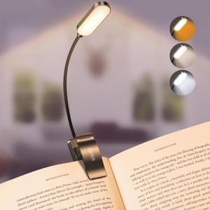 Gritin 16 LED Rechargeable Book Light for Reading in Bed- Eye Caring 3 Color Temperatures, Stepless Dimming Brightness, 80 Hrs Runtime, Lightweight Flexible Clip on Light for Book Lovers (Black)