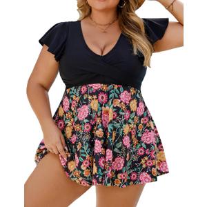 Edelqual Women's Plus Size Tankini Swimsuits Swim Dress Tummy Control Bathing Suits Two Piece High Waisted Swimwear 2025 (X-Large Plus, Black and Floral)